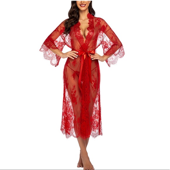 Long Lace Lingerie Kimono Robe Swimsuit Cover Up - Picture 4 of 7